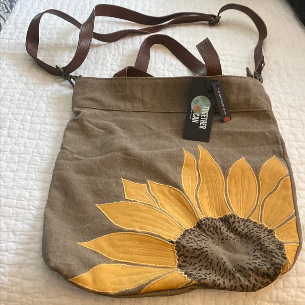 Mona B Brown and Yellow Crossbody Bag with Sunflower Design